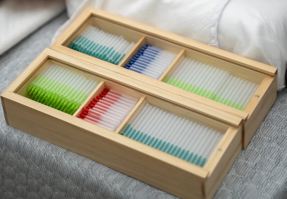 Trays of single-use SEIRIN® acupuncture needles from Japan in our treatment room